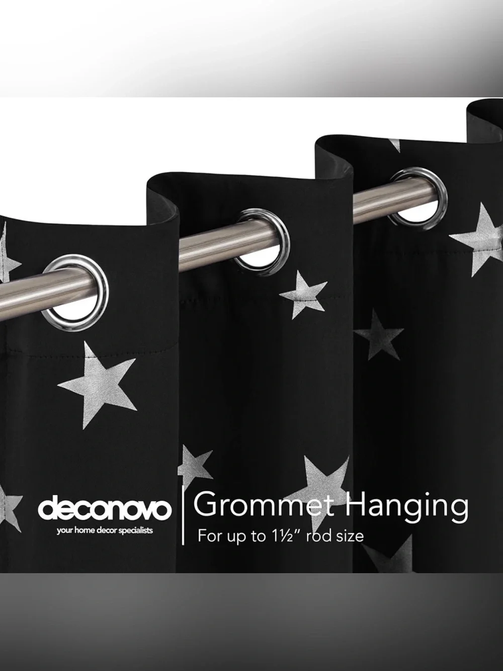 Set of 2 Black with Silver Star Night Sky Grommet Curtain Panels 96” length